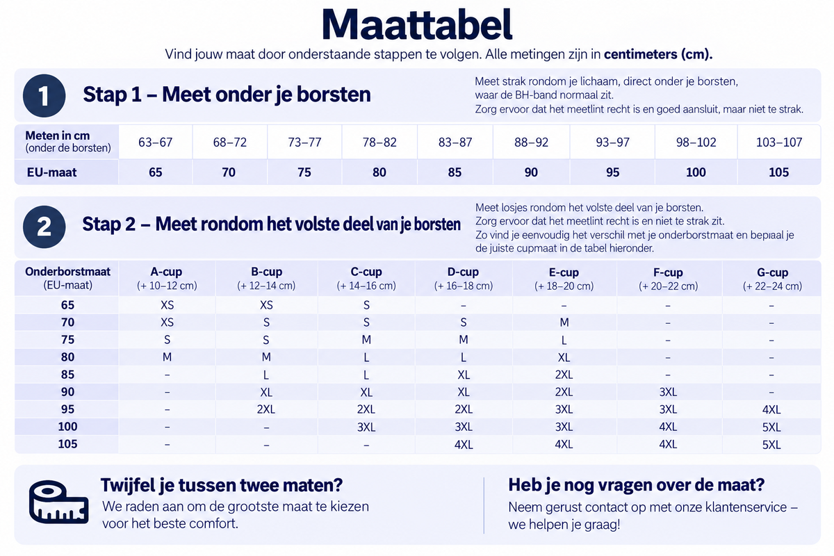 Lindra maattabel met afmetingen in centimeters